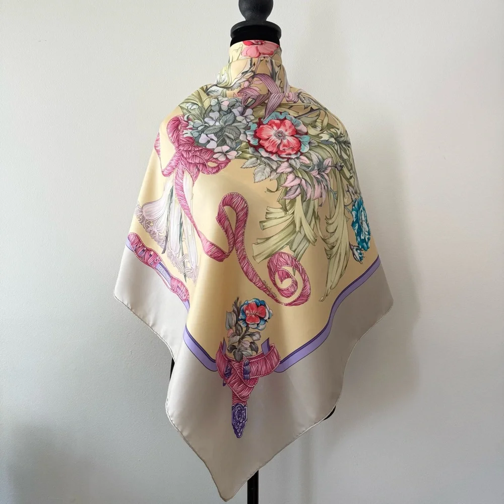 Hermes Floral Bouquet Silk Scarf in Cream Pink Blue